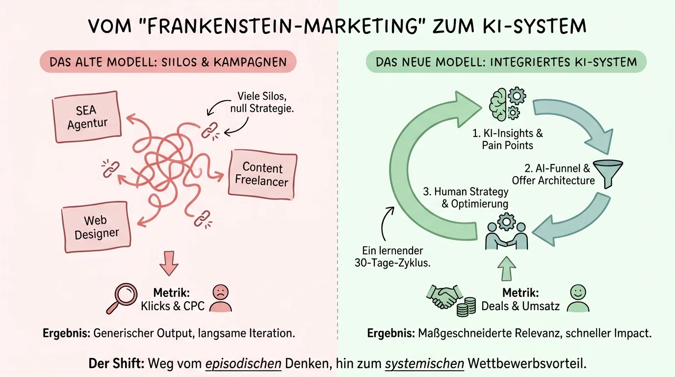 Vom Frankenstein-Marketing zum KI-System – Das alte Modell vs. das neue integrierte KI-System mit 30-Tage-Zyklus